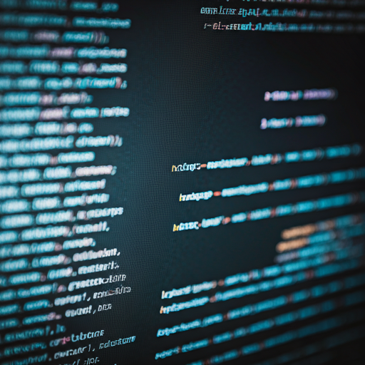 Close up of a computer screen displaying elegant complex software code in a dark environment with blue and purple highlights