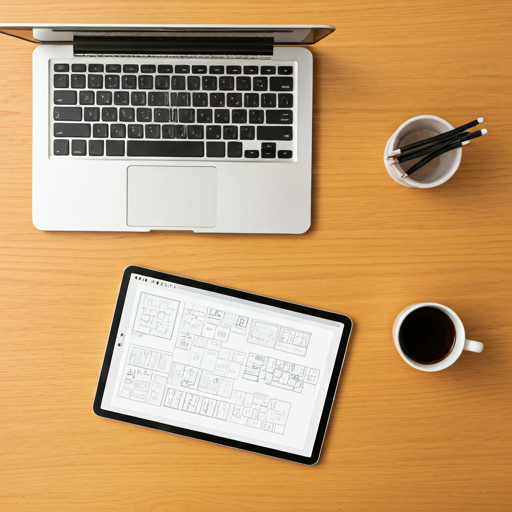 Top view of a clean desk with a laptop and a tablet showing wireframe designs with soft natural lighting and a coffee cup