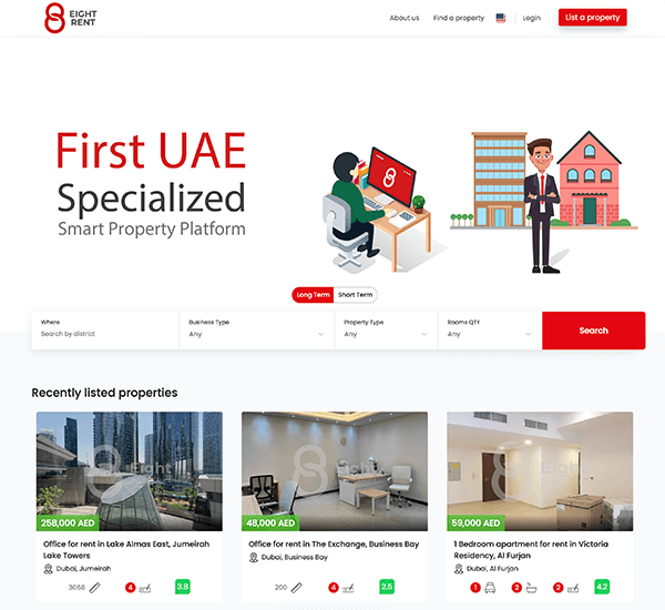8Rent.ae — UAE property platform with hero search and listings